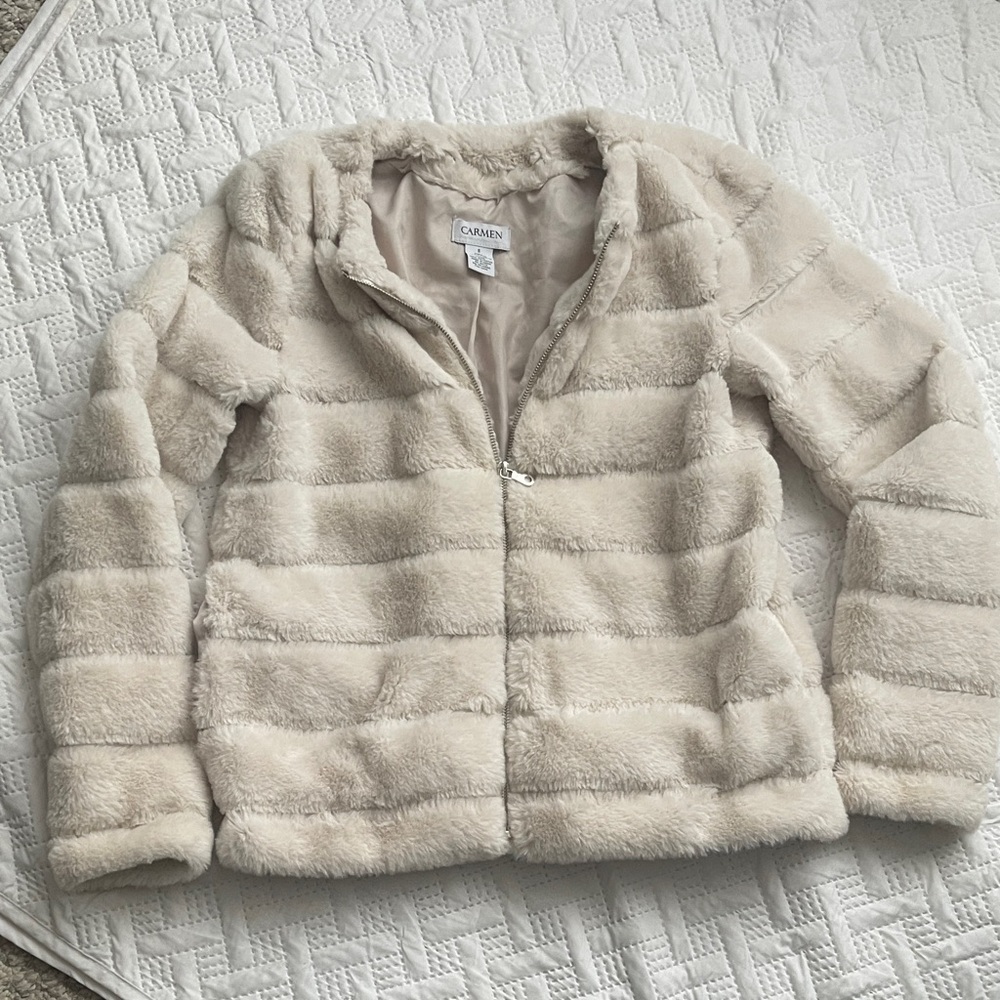 Carmen Marc Valvo Cream Faux Fur Teddy Jacket